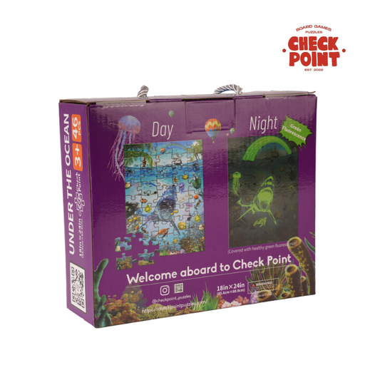 Check Point puzzle packaging with day and night scenes on a purple background