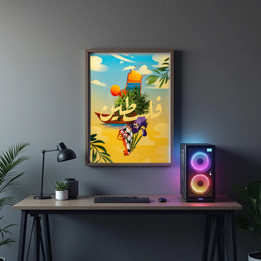 Colorful framed poster on a wall above a desk with a computer setup.