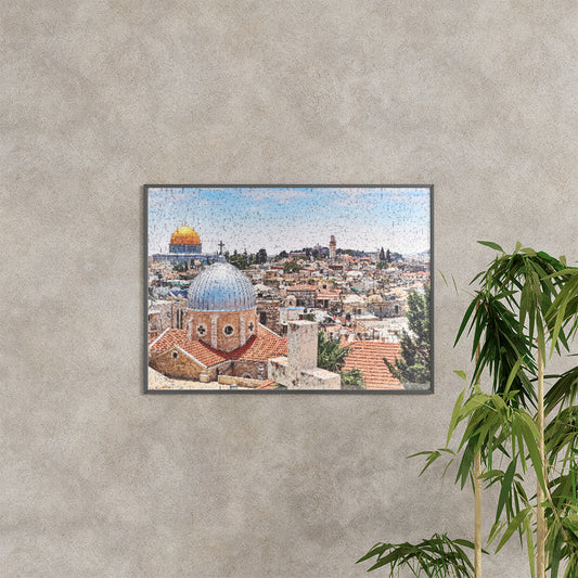 Framed artwork of a cityscape with domes on a textured wall.