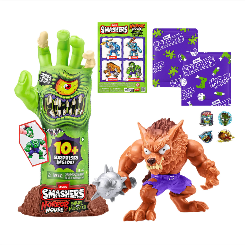 Toy set with a green hand figure and a brown monster figure, featuring 'Smashers' branding.