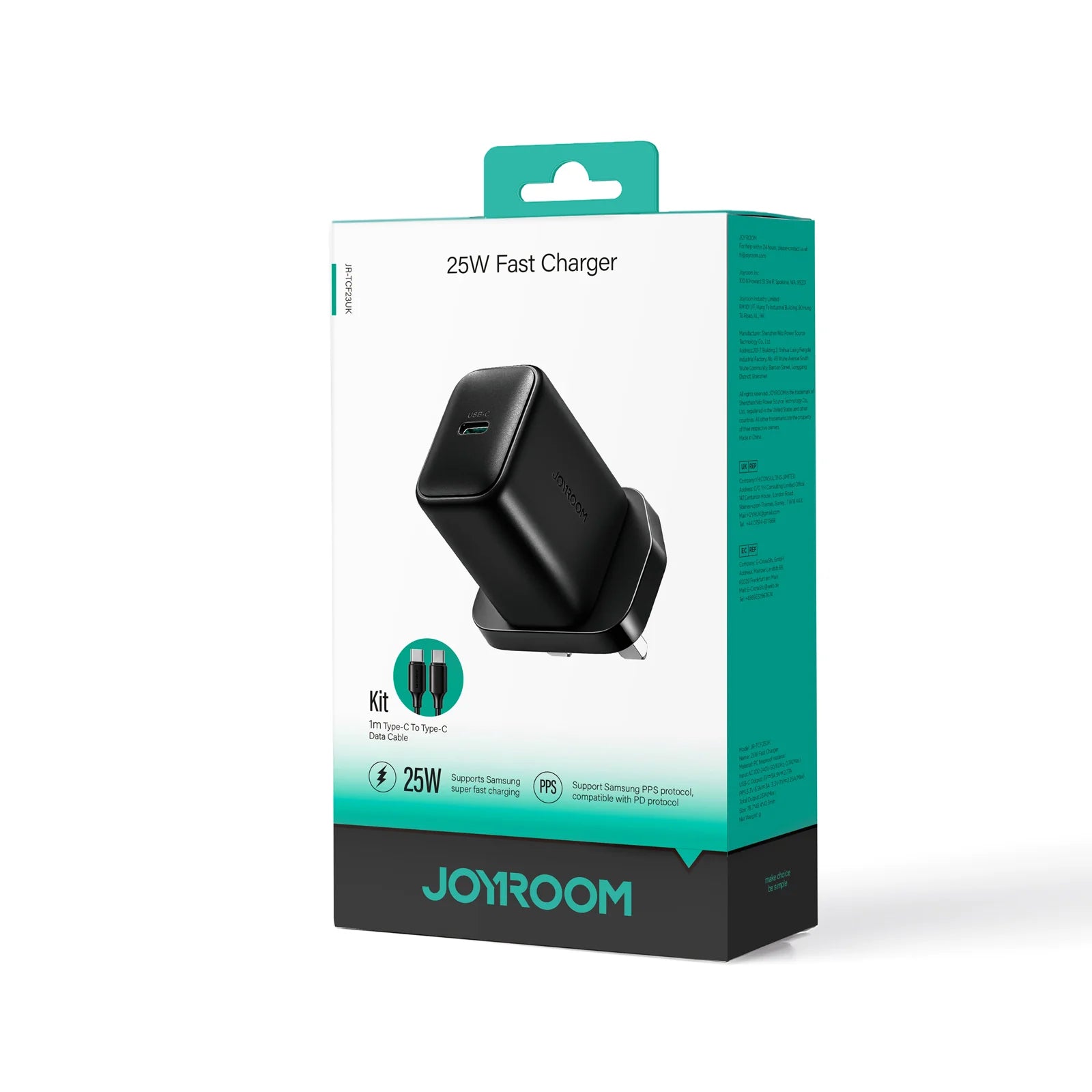 JOYROOM JR-TCF23 25W Charger - Black (EU) + C to C Cable 1m - Black