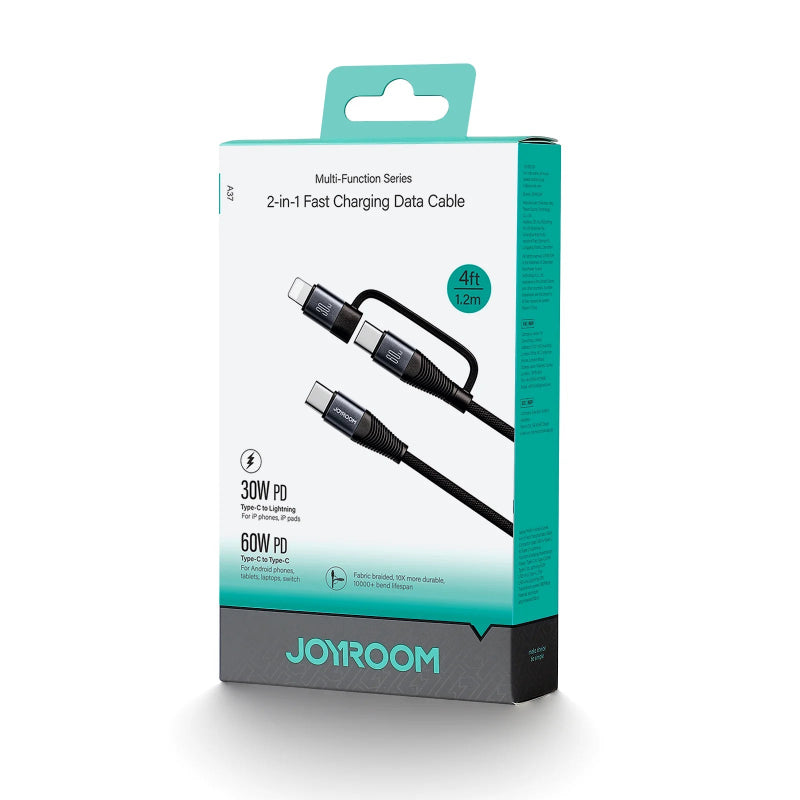 Sa37-1t2 Multi-function Series 60W 2-in-1 Fast Charging Data Cable (Type-C to Lightning + Type-C) 1. 2m - Black