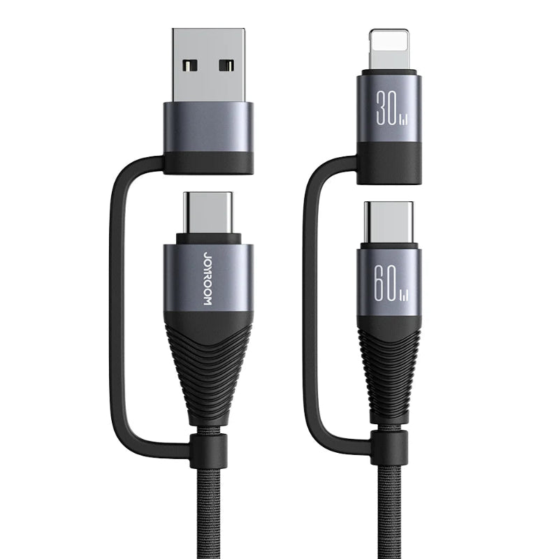 Sa37-2t2 Multi-function Series 60W 4-in-1 Fast Charging Data Cable (USB-A + Type-C to Lightning + Type-C) 1. 2m - Black