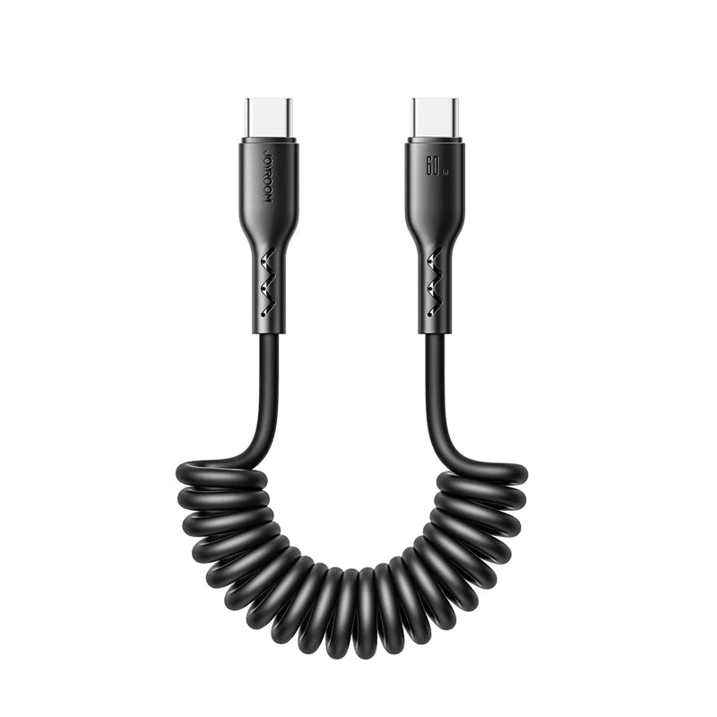 Sa38-cc3 Easy-travel Series 60W Coiled Fast Charging Data Cable for Car (Type-C to Type-C) 1. 5m - Black