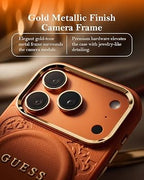 GUESS MAGSAFE PU LEATHER CASE WITH PEONY HOT STAMP CLASSIC LOGO AND GOLD METAL CAMERA FRAME