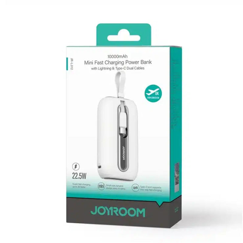 JOYROOM JR-L012 Colorful Series 22. 5W Mini Power Bank with Dual Cables 10000mAh - White with USB to Type-C 0. 25m Cable - White