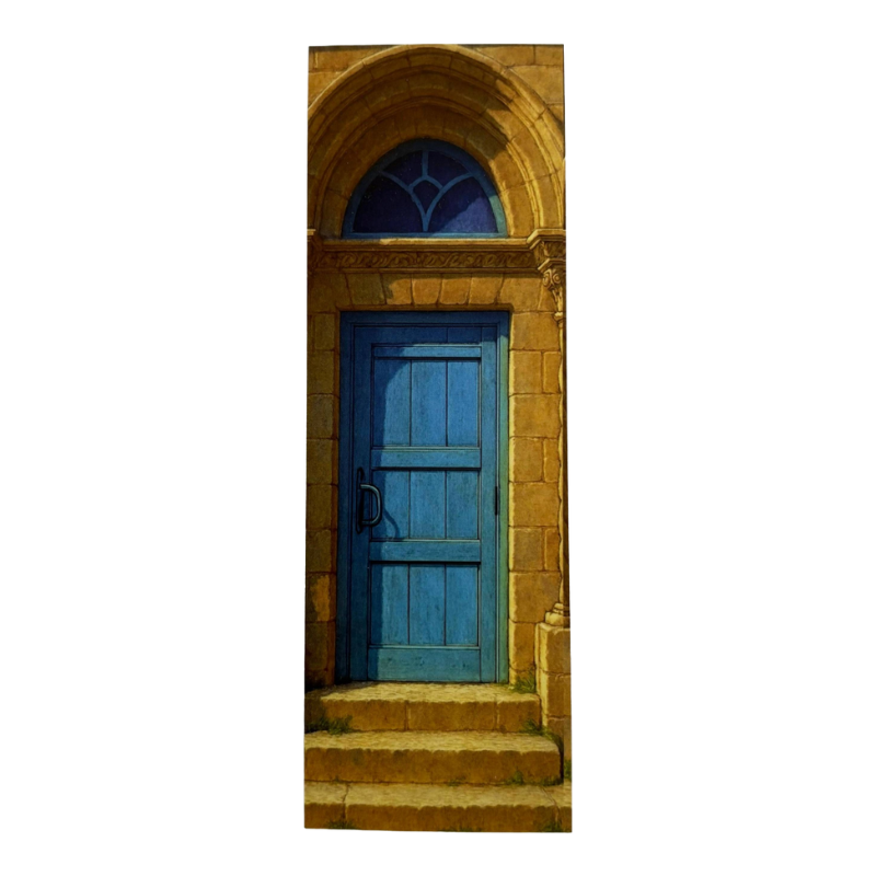 Blue door on a stone building with steps leading up to it