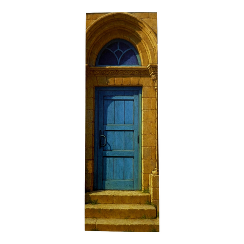Blue door on a stone building with steps leading up to it