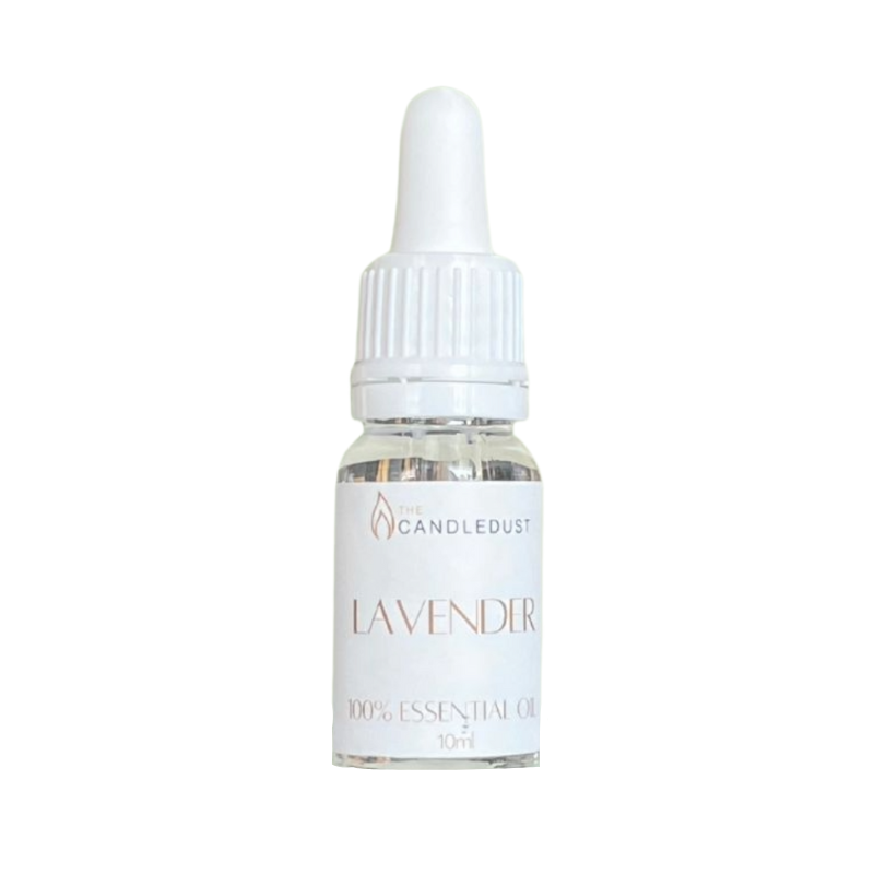 Bottle of Candelduccs Lavender essential oil with dropper on a white background
