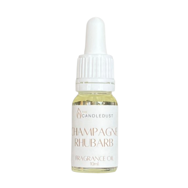 Bottle of Champagne Rhubarb fragrance oil with a white dropper on a white background
