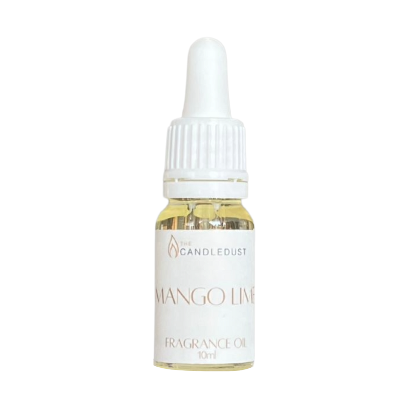 Bottle of Mango Living fragrance oil with dropper on a white background
