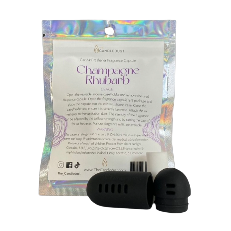 Car air freshener packaging with 'Champagne Rhubarb' scent on a white background