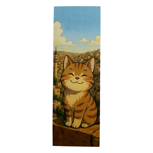 Cartoon cat with a cityscape background on a white background