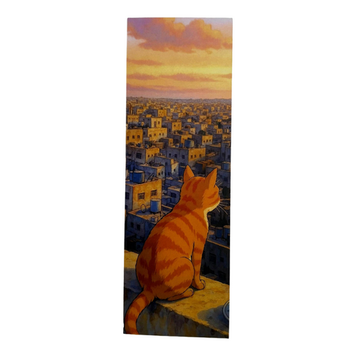 Cat sitting on a ledge overlooking a cityscape at sunset
