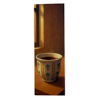 Ceramic cup with a pattern on a wooden surface, casting a shadow.