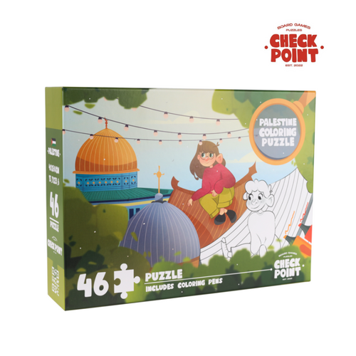 Check Point coloring puzzle box with illustrations of a child and sheep on a white background