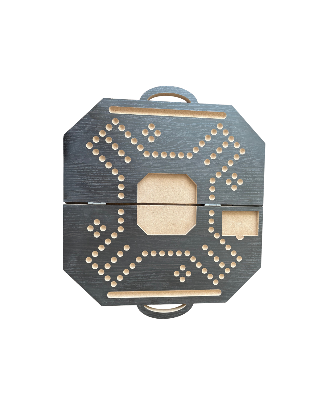 Decorative wooden box with geometric pattern on a white background