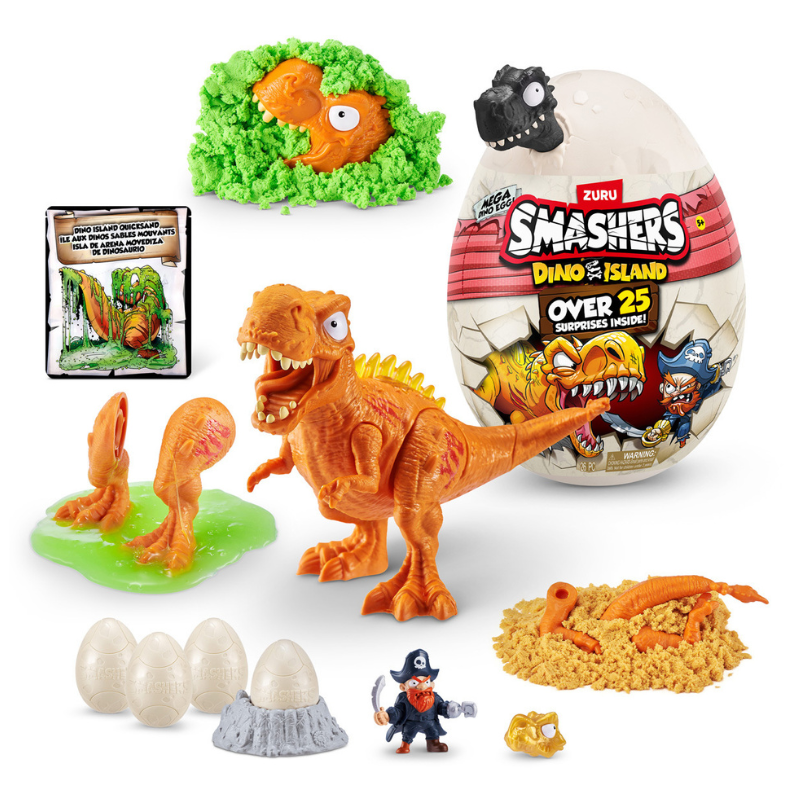 Dinosaur toy set with Smashers Dino Island packaging on a white background