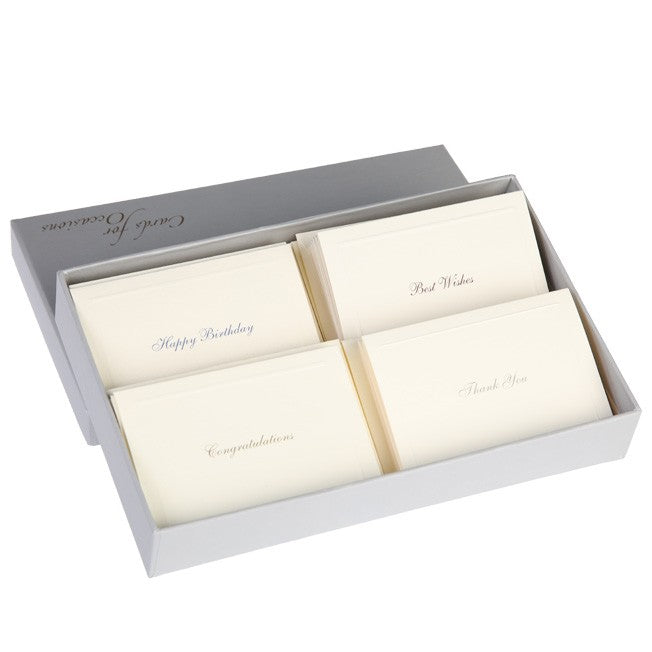 Set of four cream cards with text in a gray box