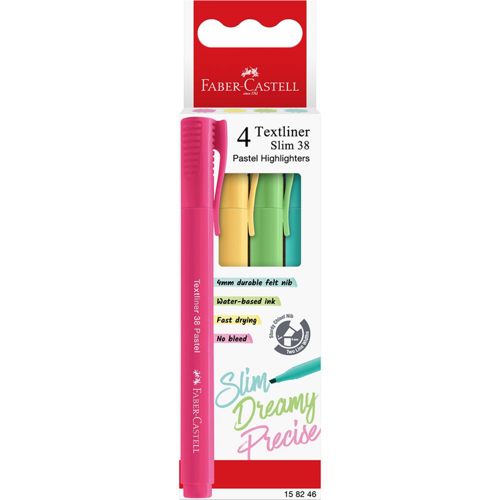 Faber Castell Highlighter Pens, 38 Pastels, 4-Pack