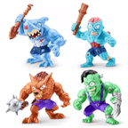 Four colorful monster action figures with weapons on a white background