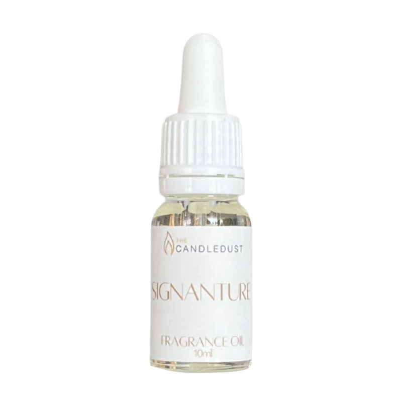 Fragrance oil bottle with dropper labeled 'Siganature' on a white background
