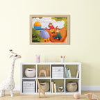Framed children's illustration above a white bookshelf with toys and books in a room.