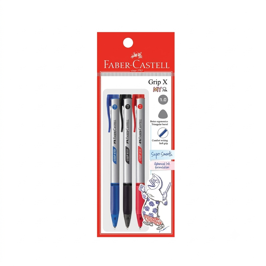 Faber Castell Ball Pen Grip X10 1.0, Blue, Black, Red, 3 Pieces