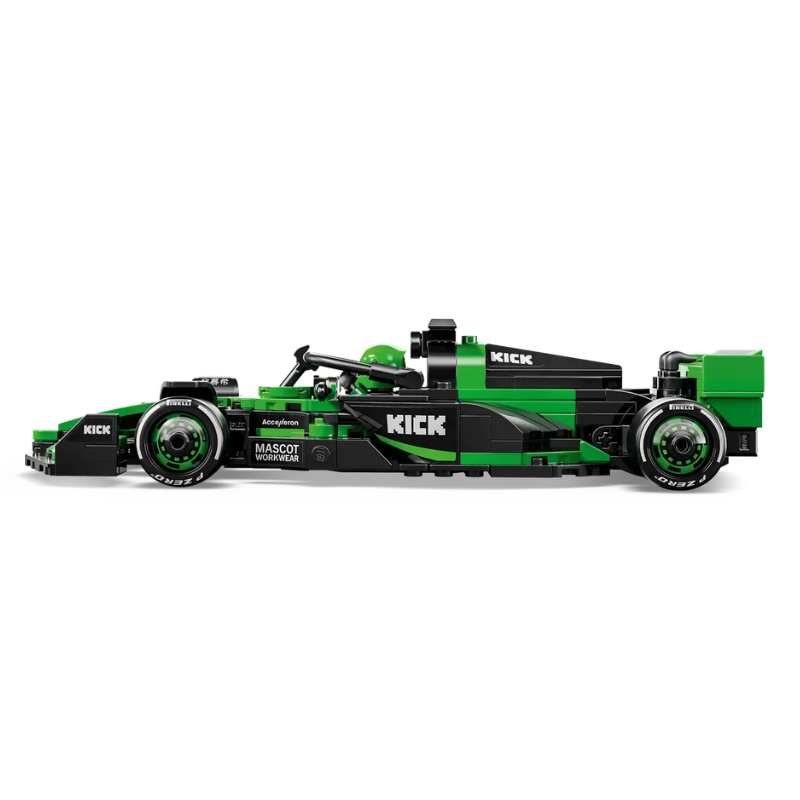 Green and black toy Formula 1 car with 'KICK' branding on a white background