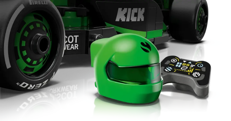 Green helmet with a toy car in the background