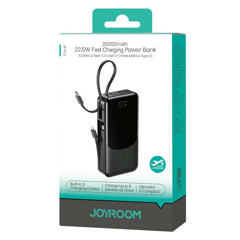JOYROOM JR-PC2 20000mAh 22. 5W Fast Charging Power Bank with Built-in 3 Cables (2type-c & Usb-l) + 2ports(USB-A & Type-C)