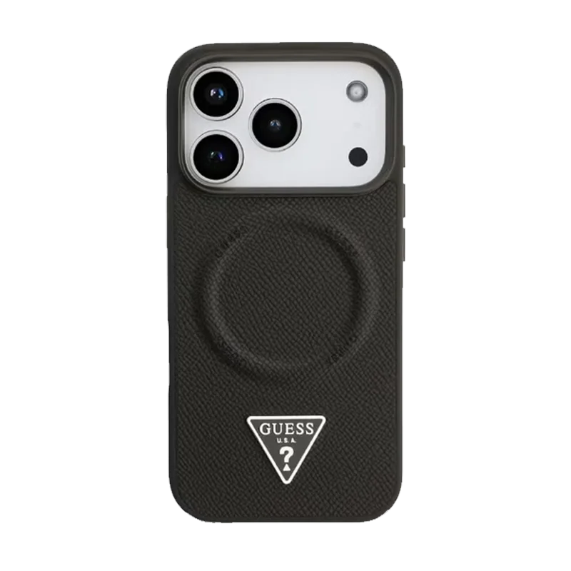 GUESS MAGSAFE PU LEATHER CASE WITH TRIANGLE LOGO SILVER METAL CAMERA FRAME