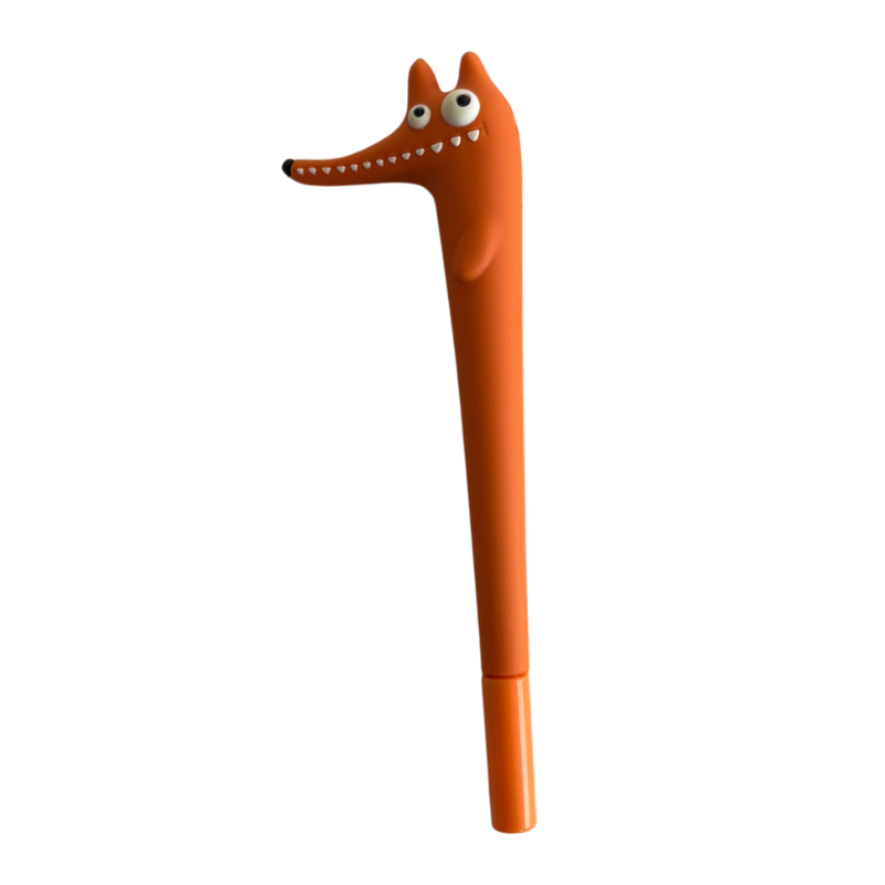 Orange pen shaped like a cartoon fox on a white background