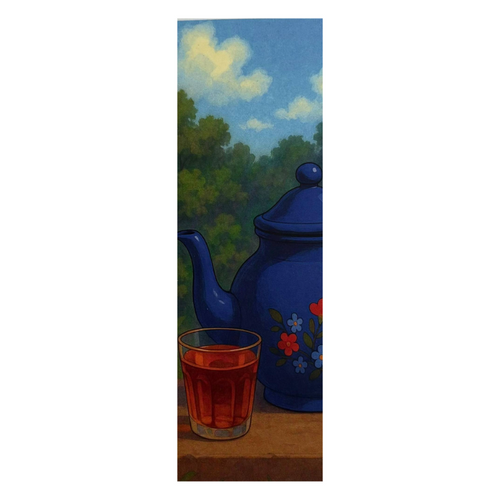 Painting of a blue teapot with floral design and a glass of tea against a scenic background.