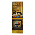 Painting of a cat sleeping on a vintage television set with a colorful screen.