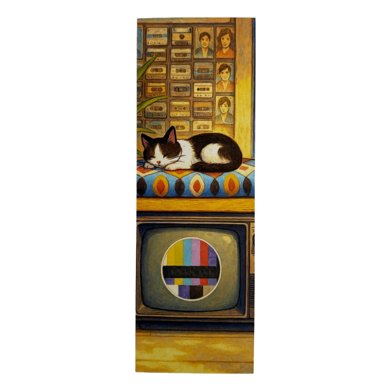 Painting of a cat sleeping on a vintage television set with a colorful screen.