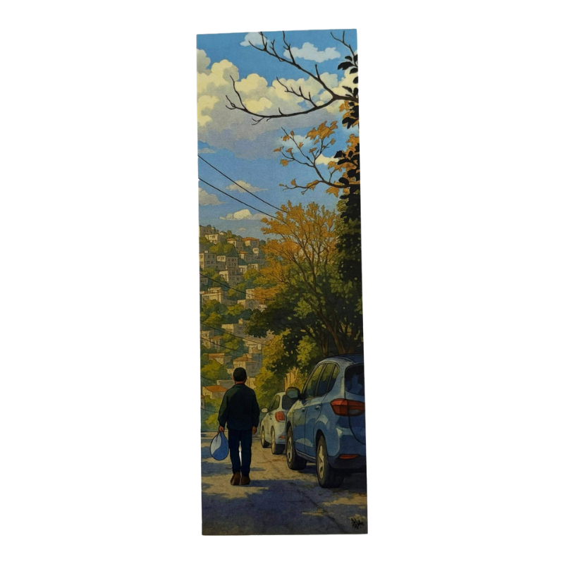 Painting of a person walking with a bag on a street lined with trees and parked cars.