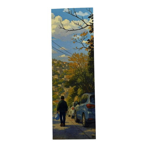 Painting of a person walking with a bag on a street lined with trees and parked cars.
