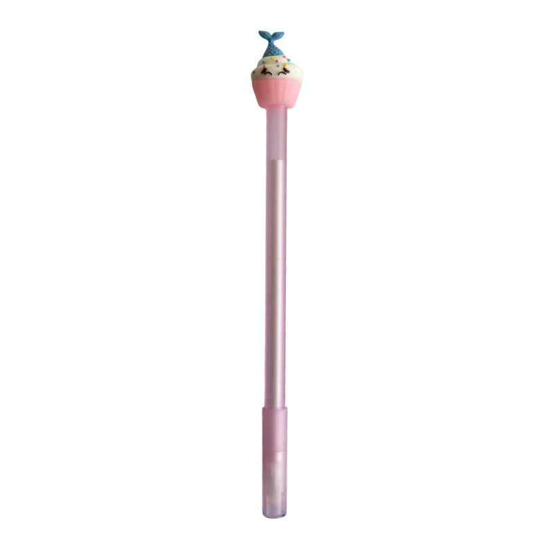 Pink pen with a cartoon character at the top on a white background