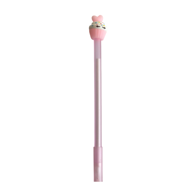 Pink pen with a cartoon character cap on a white background