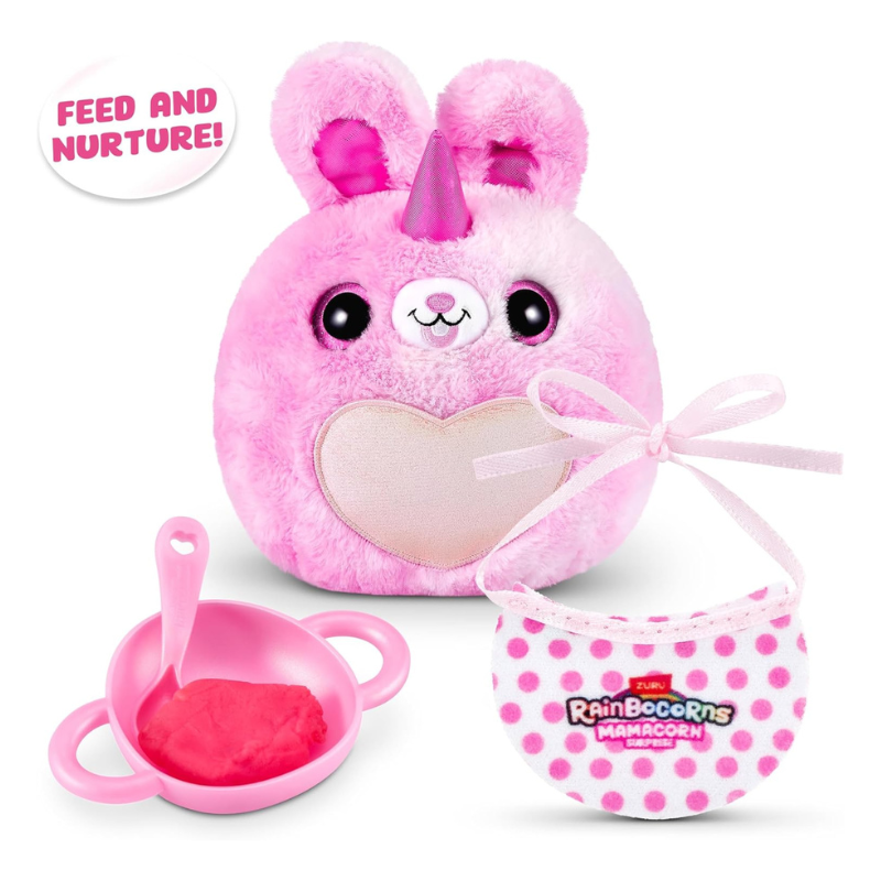 Pink plush toy with a heart, bowl, and bag on a white background