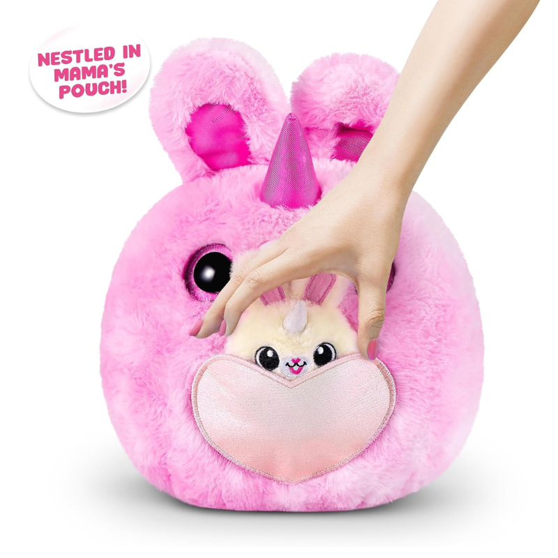 Pink plush toy with rabbit ears and a heart face, held by a hand against a white background.
