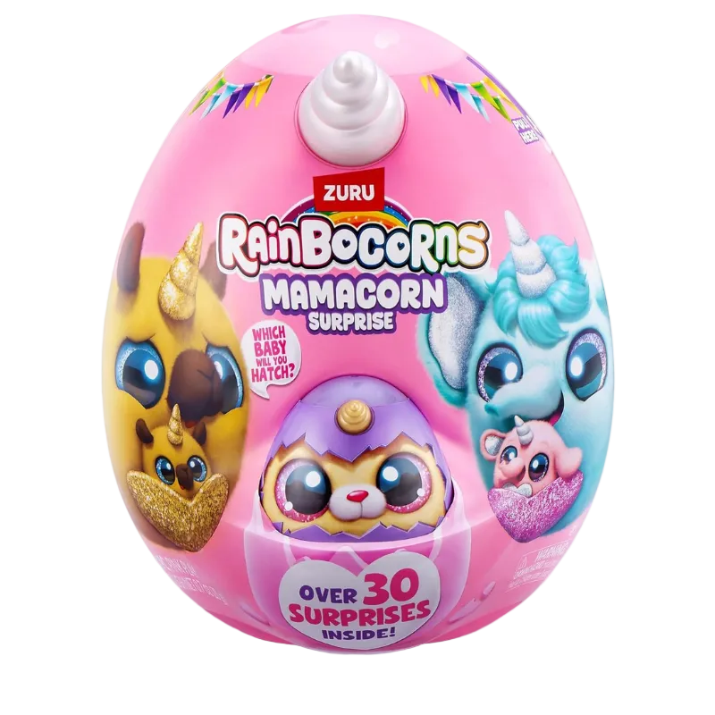 Pink toy egg with RainBocorns branding on a white background