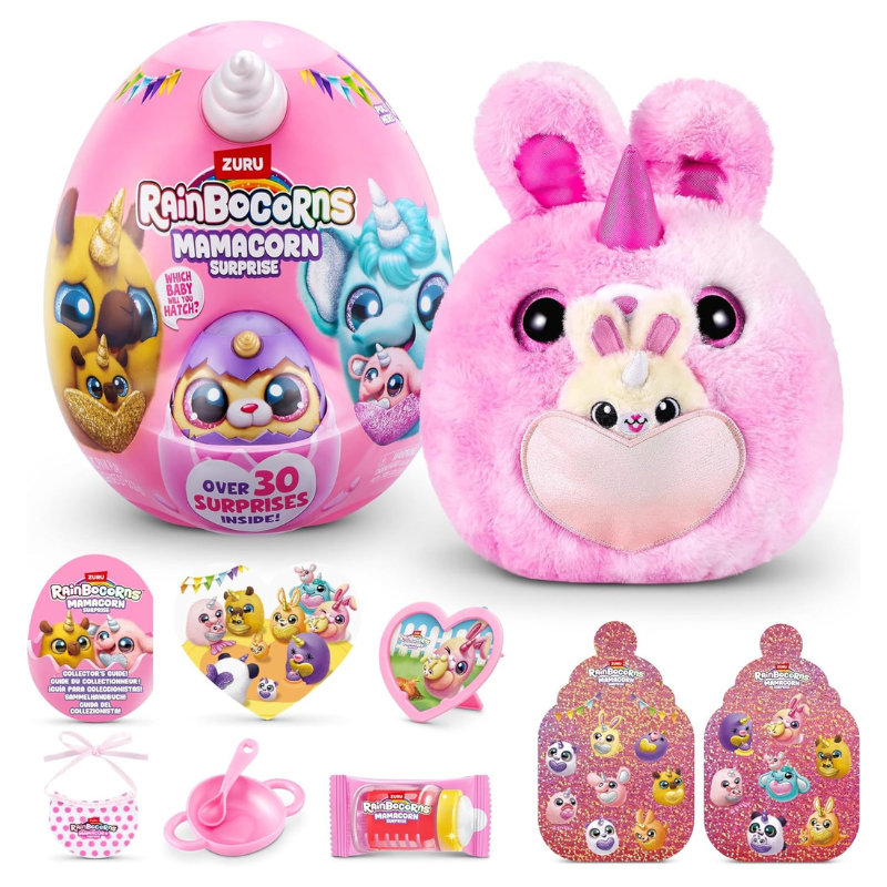 Pink toy egg with plush toy and accessories on a white background