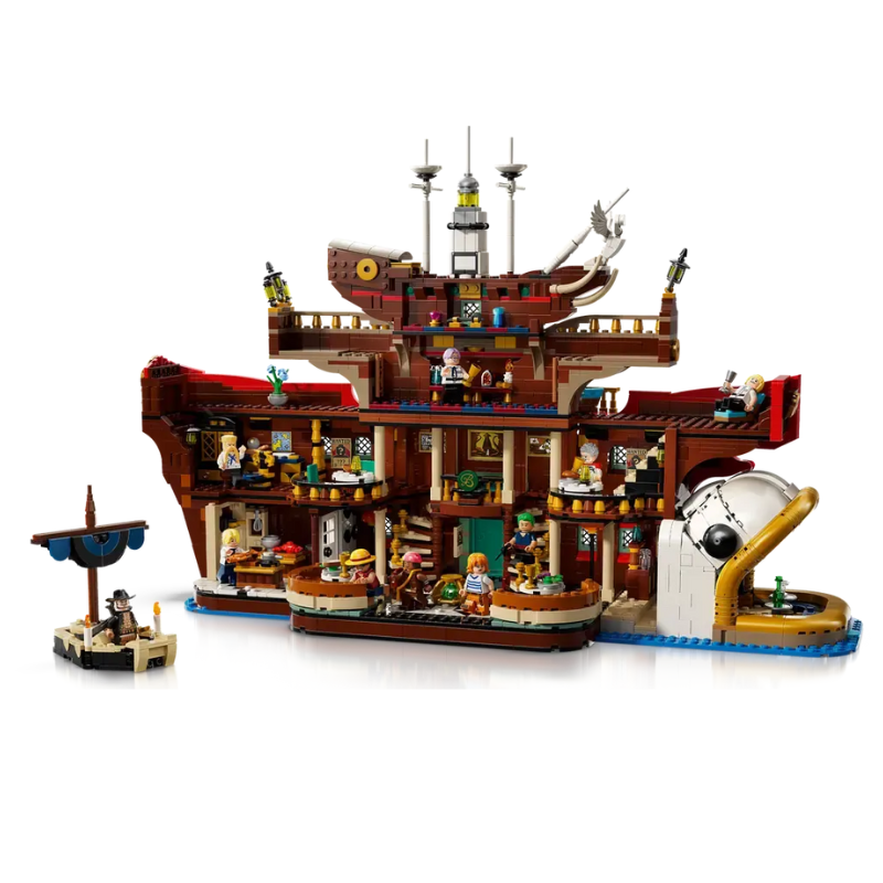 Pirate ship model made of building blocks on a white background