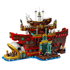Pirate ship model made of interlocking bricks on a white background