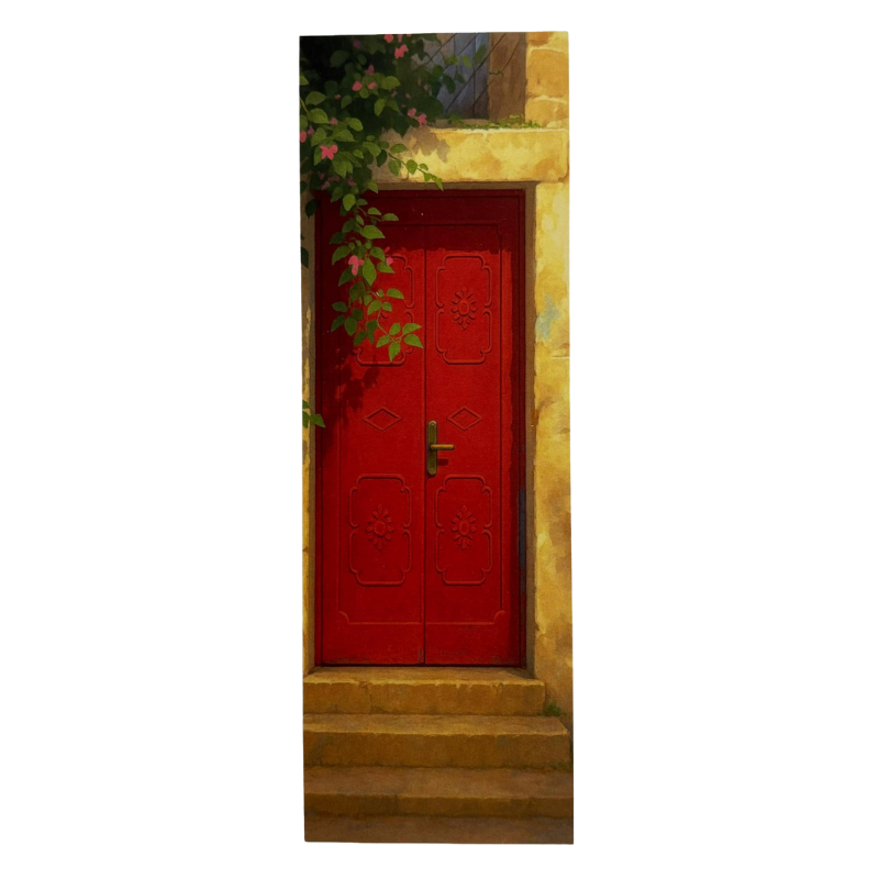Red door with decorative patterns on a stone wall