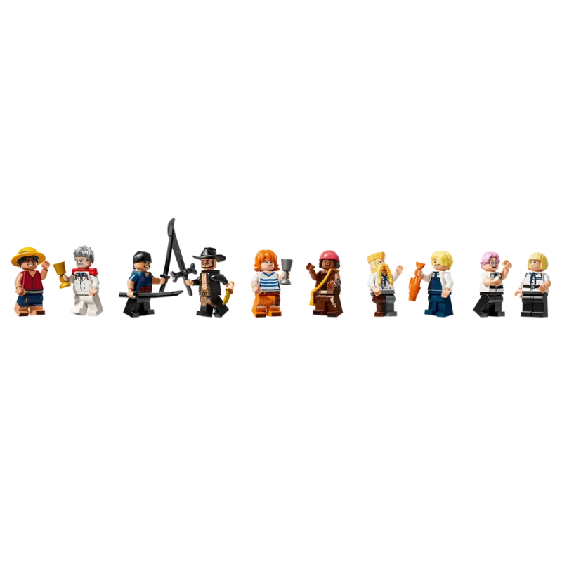 Row of LEGO minifigures on a white background