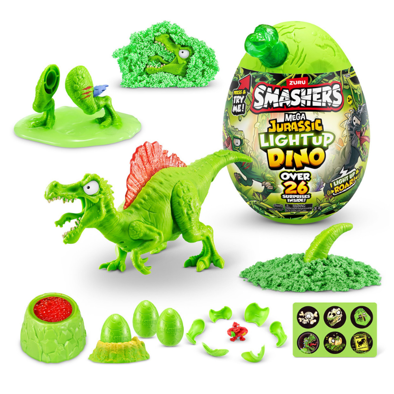 Smashers Mega Jurassic Lightup Dino toy set with dinosaur figures and packaging on a white background
