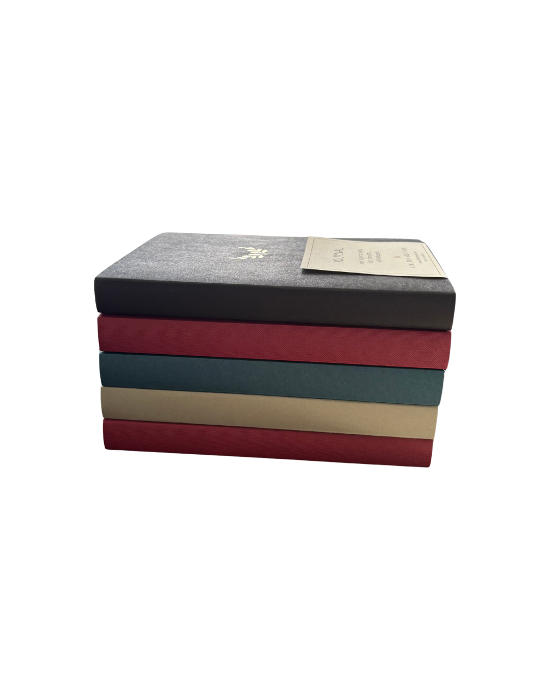 Stack of four stacked boxes in black, red, green, and beige on a white background